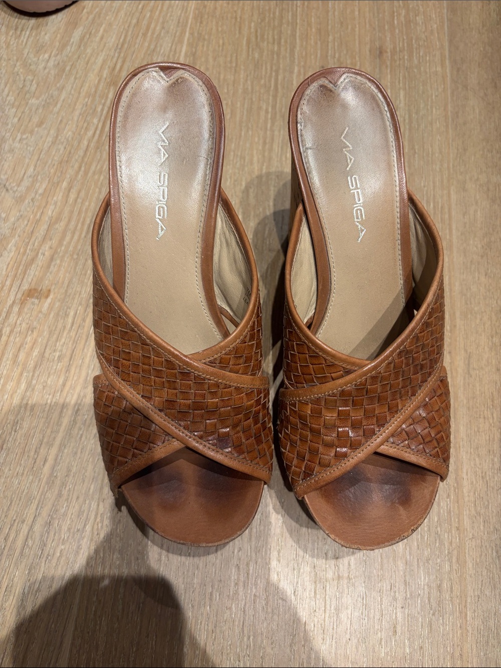 Via Spiga Tan Woven Leather Slide Mules